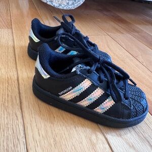 Adidas Superstar Kids Black Sneakers with Iridescent Stripes